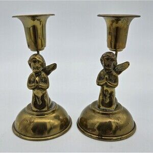 Vintage Brass Angel Candlestick Holders Praying Winged‎ Figures Religious Decor